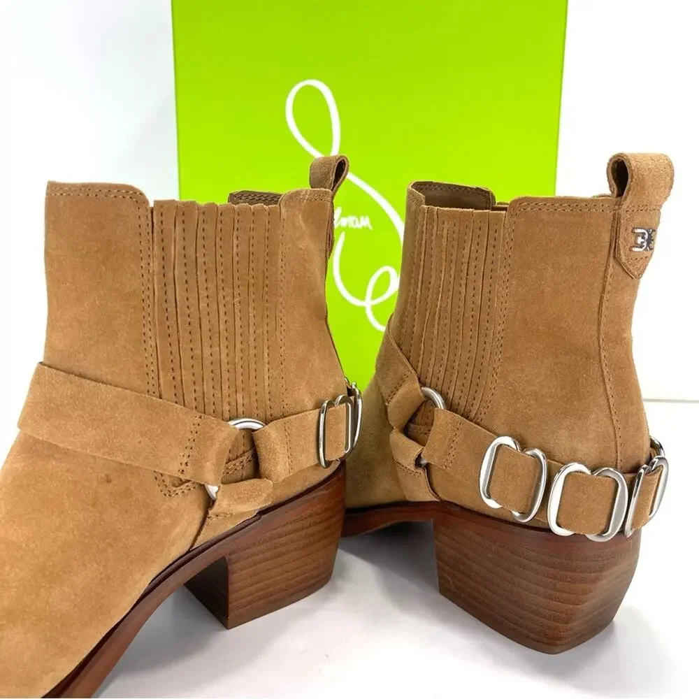 Sam Edelman Bellamie Women Camel/Tan Western Ankle Boot Sz 7.5 Suede Harness New
